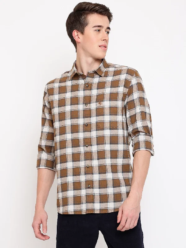 men's long-sleeve shirts for business -Men's Brown Casual Big Checks Full Sleeve Shirt