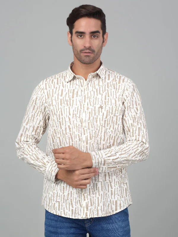 men's short-sleeve shirts -Men's Cream Casual Abstract Print Full Sleeve Shirt