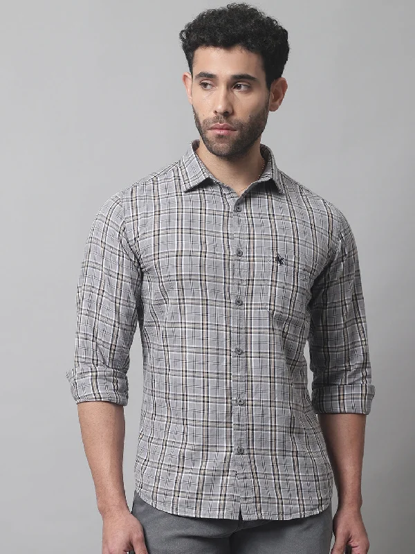 men's business casual shirts -Men's Grey Casual Medium Checks Full Sleeve Shirt