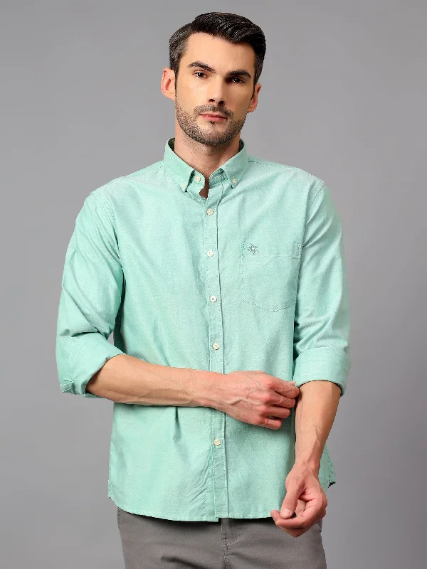 men's casual dress shirts -Men's Green Casual Plain Full Sleeve Shirt