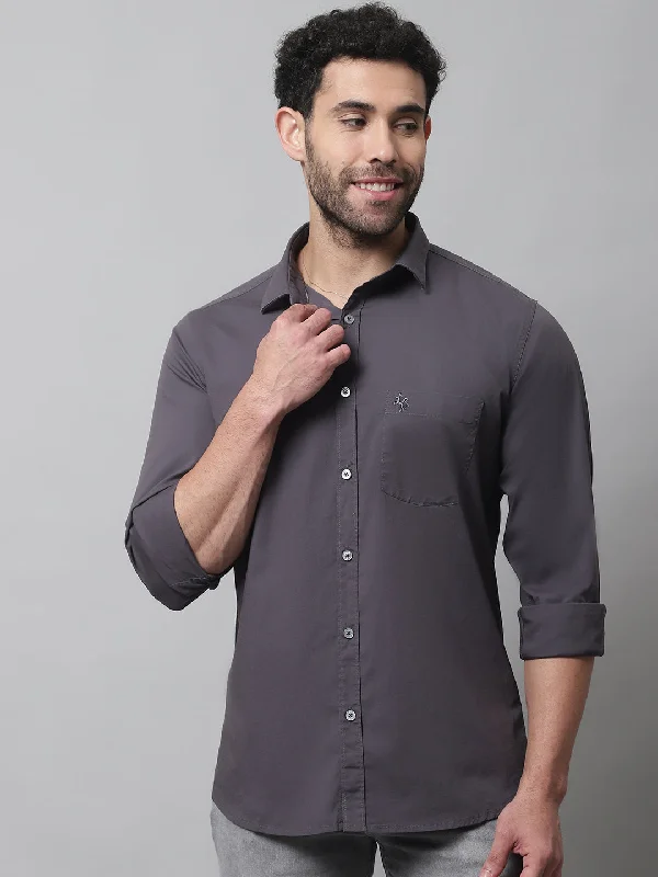 men's relaxed fit shirts -Men's Dark Grey Casual Plain Stretch Full Sleeve Shirt