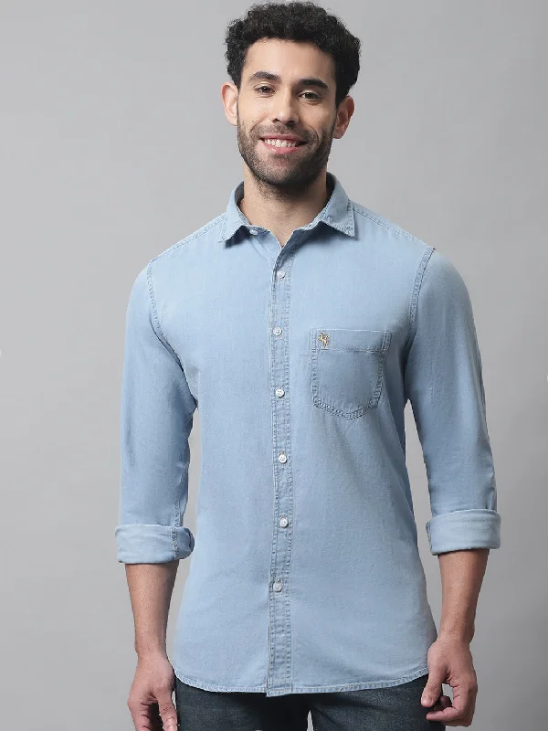 men's dress shirts with cuffs -Men's Ice Blue Casual Denim Full Sleeve Shirt