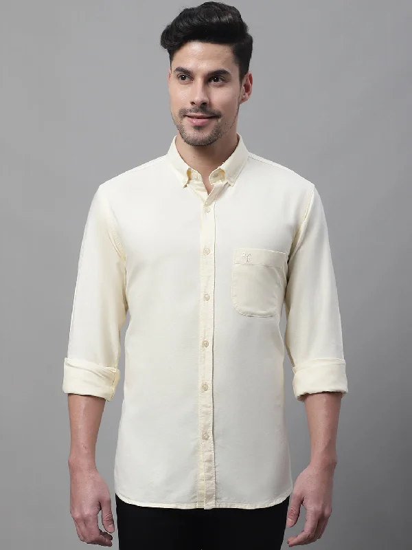 men's denim shirts -Men's Light Yellow Casual Plain Full Sleeve Shirt