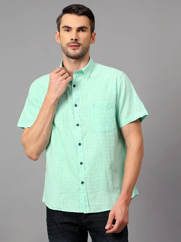 men's denim shirts -Men's Light Green Casual Small Checks Half sleeve Shirt