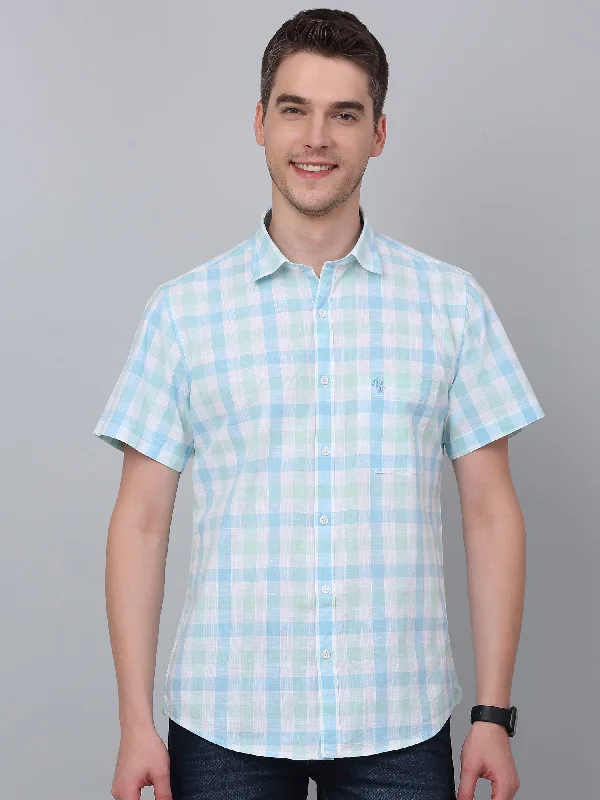 men's stylish office shirts -Men's Light Green Casual Medium Checks Half sleeve Shirt