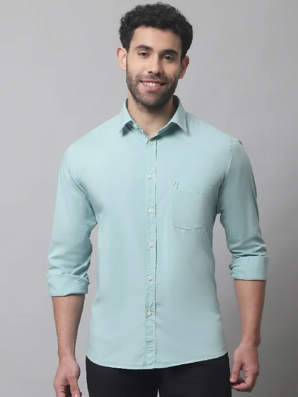 men's linen shirts -Men's Light Green Casual Plain Stretch Full Sleeve Shirt