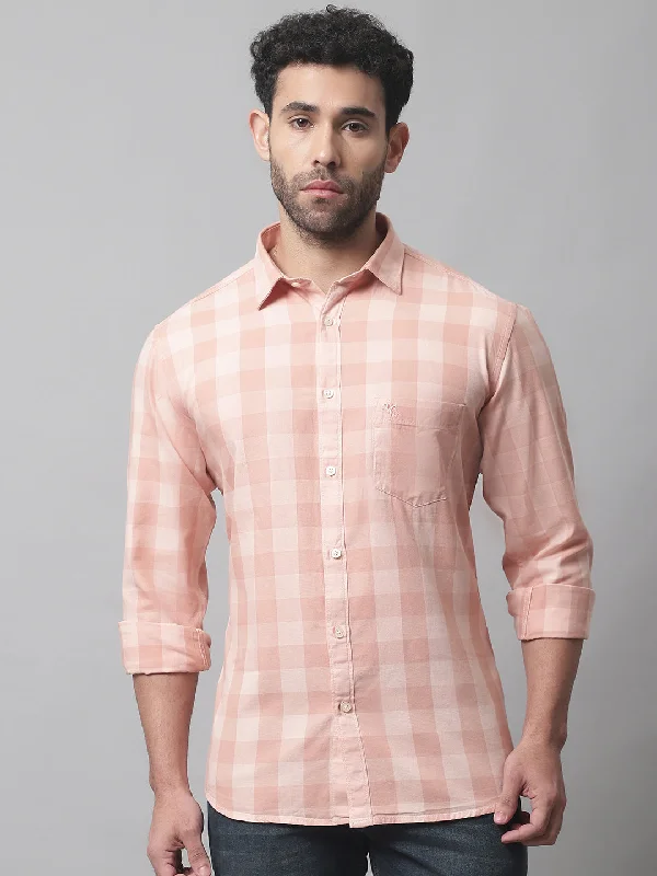 men's embroidered shirts -Men's Light Peach Casual Medium Checks Full Sleeve Shirt