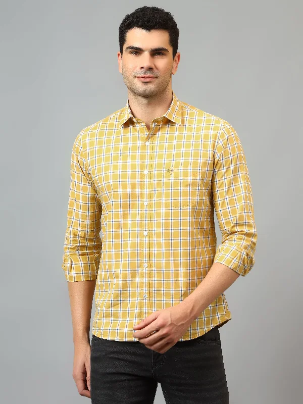 men's casual work shirts -Men's Mustard Casual Small Checks Full Sleeve Shirt