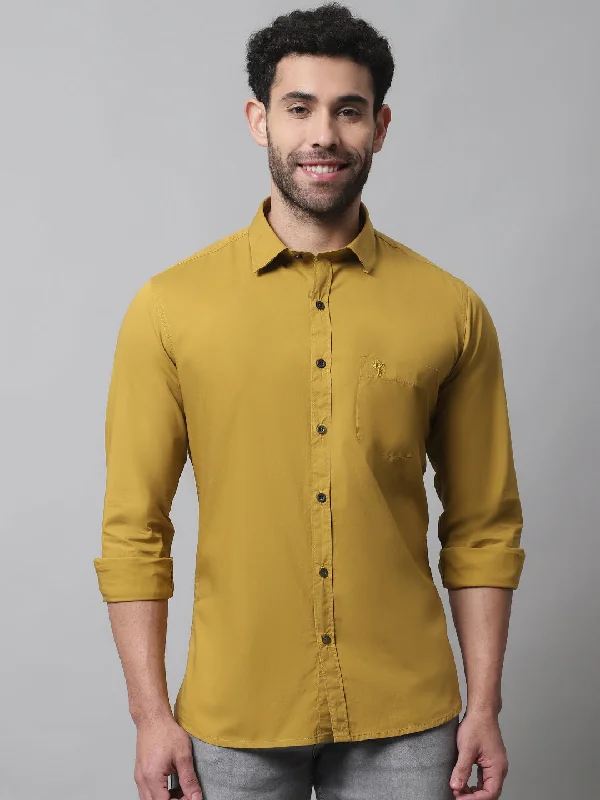 men's dress shirts with cuffs -Men's Mustard Casual Plain Stretch Full Sleeve Shirt