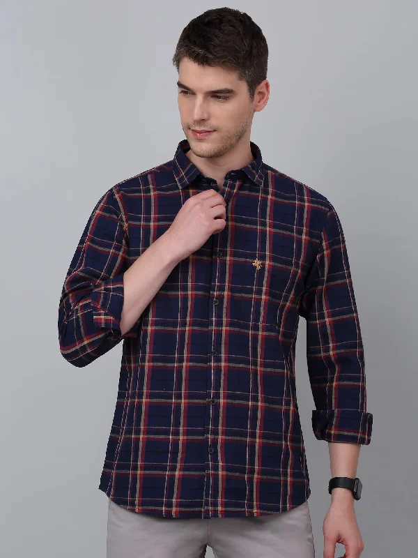 men's casual dress shirts -Men's Navy Blue Casual Big Checks Full Sleeve Shirt