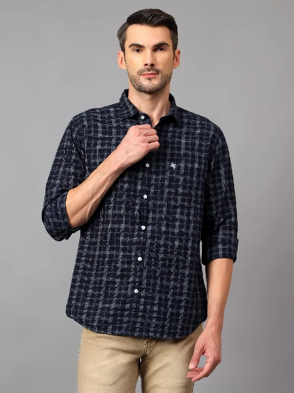 men's office-ready shirts -Men's Navy Blue Casual Medium Checks Full Sleeve Shirt