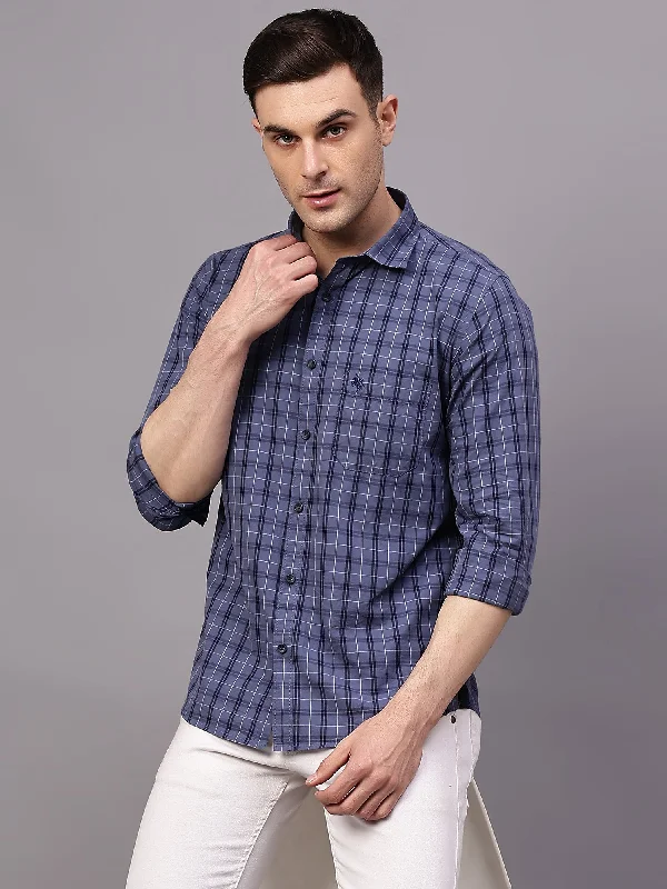 men's comfortable work shirts -Men's Navy Blue Casual Medium Checks Full Sleeve Shirt