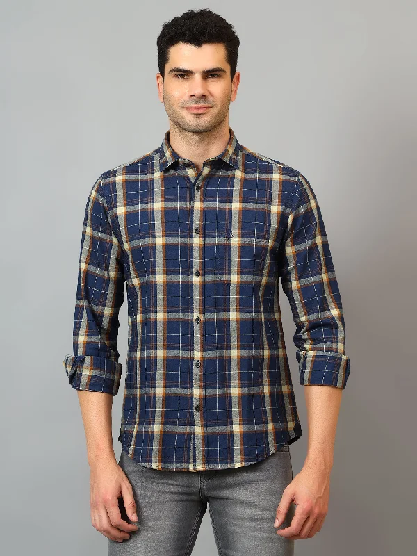 men's breathable shirts -Men's Navy Blue Casual Big Checks Full Sleeve Shirt