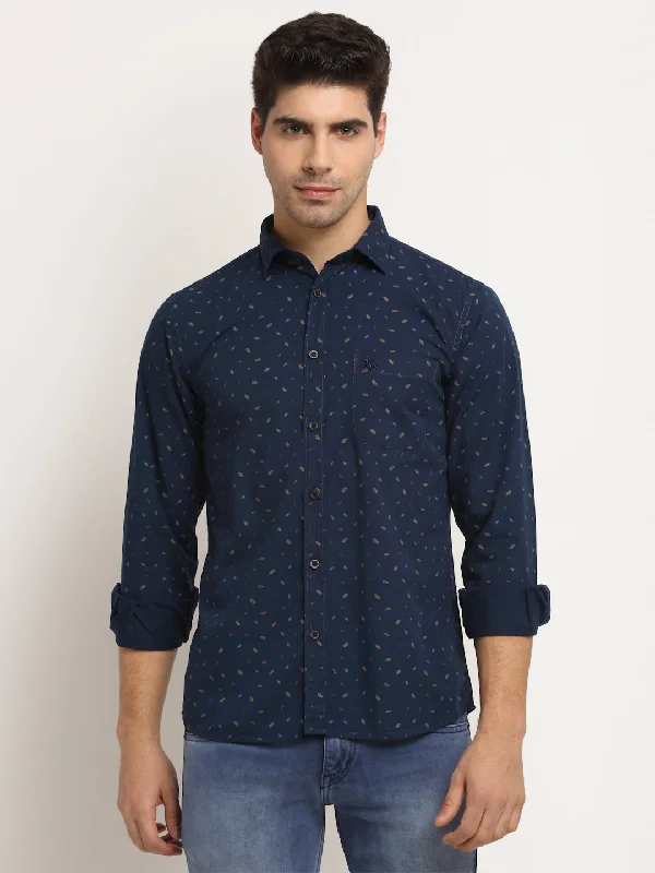 men's stylish shirts -Men Cotton Printed Navy Blue Full Sleeve Casual Shirt for Men with Pocket