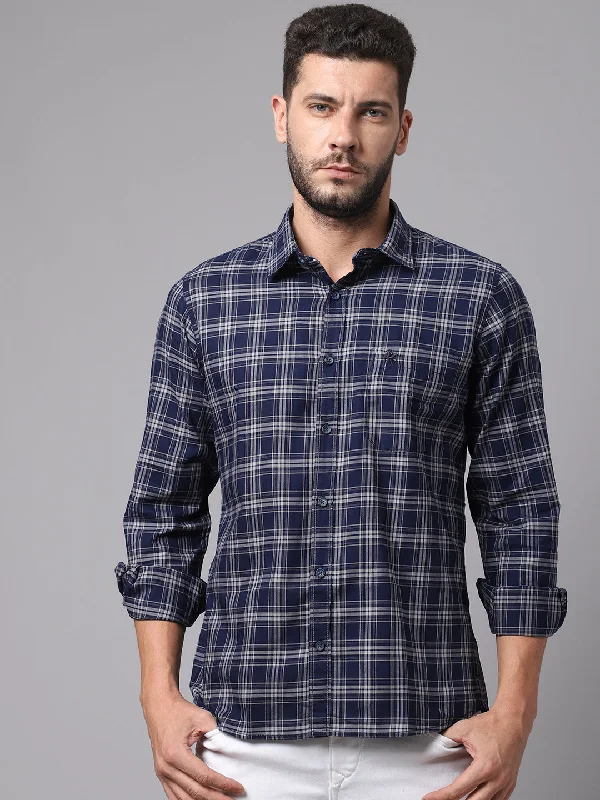 men's formal office shirts -Men's Navy Blue Casual Medium Checks Full Sleeve Shirt