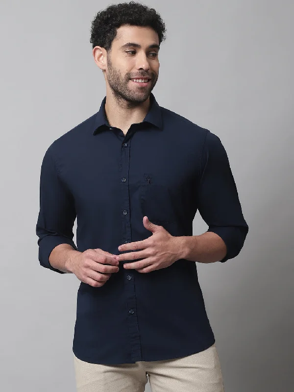 men's daily wear shirts -Men's Navy Blue Casual Plain Stretch Full Sleeve Shirt