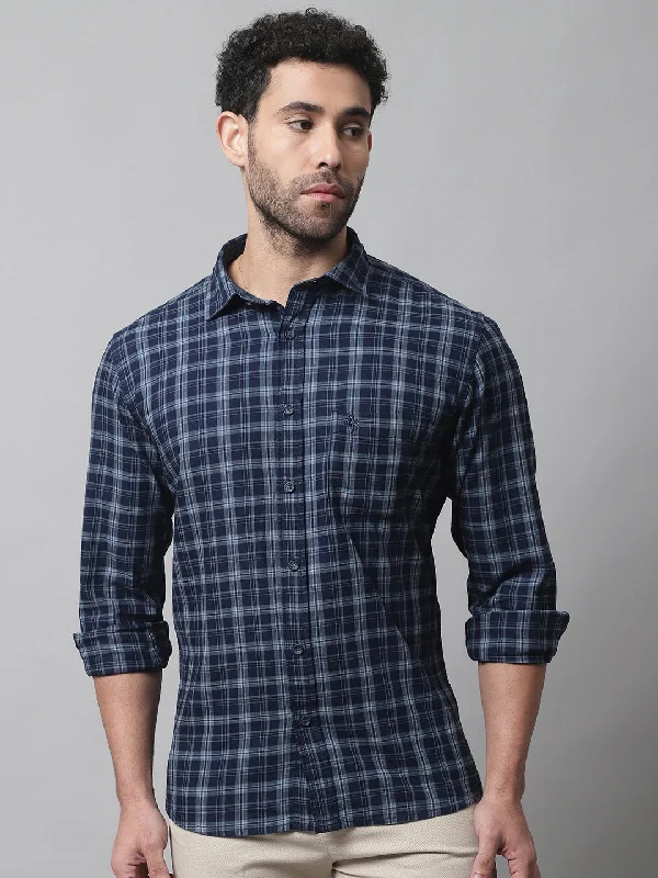 men's designer shirts -Men's Navy Blue Casual Medium Checks Full Sleeve Shirt