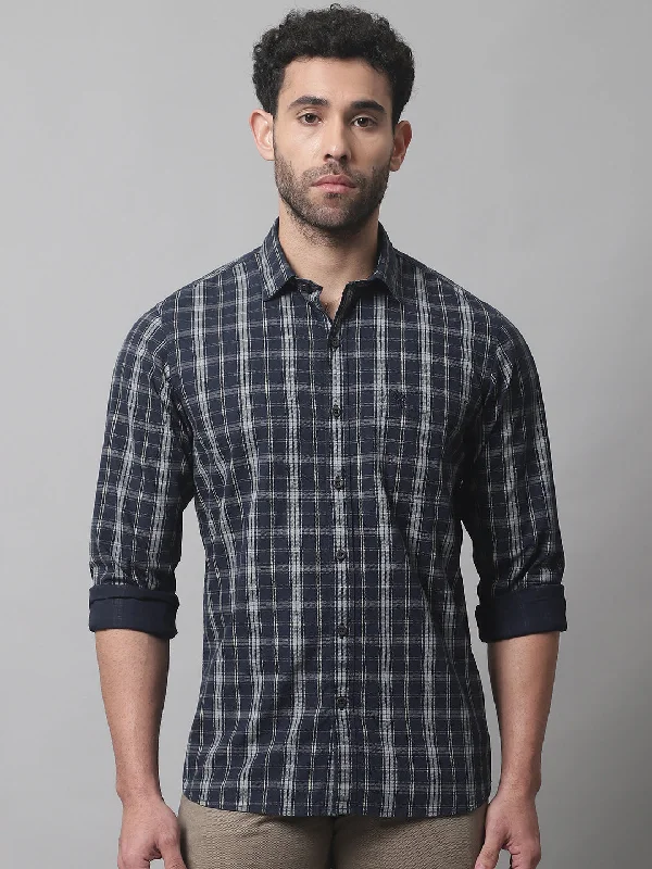 men's custom-fit shirts -Men's Navy Blue Casual Medium Checks Full Sleeve Shirt