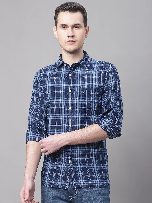 men's modern fit shirts -Men's Navy Blue Casual Big Checks Full Sleeve Shirt