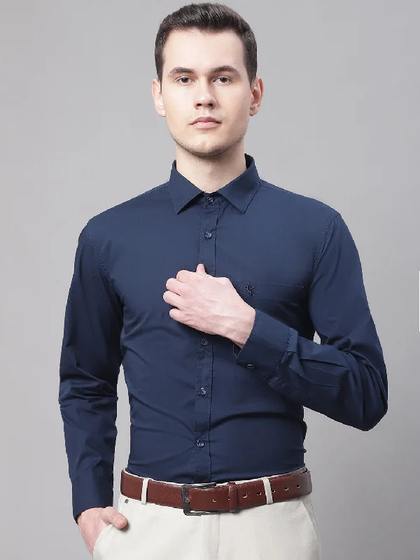 men's modern casual shirts -Men's Navy Blue Casual Plain Stretch Full Sleeve Shirt