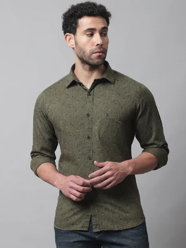 men's basic button-up shirts -Men's Olive Green Casual Floral Print Full Sleeve Shirt