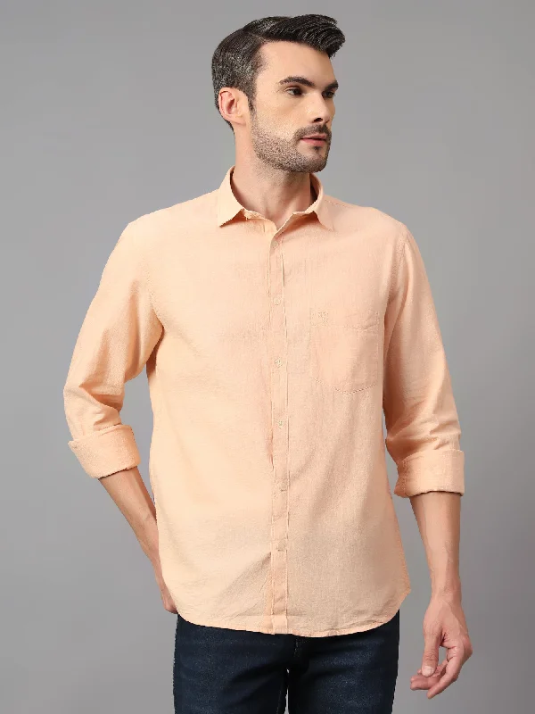 men's fitted shirts -Men's Orange Casual Plain Full Sleeve Shirt