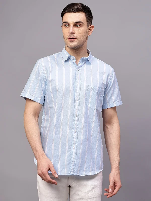 men's premium fabric shirts -Men's Sky Blue Casual Broad Stripe Half sleeve Shirt