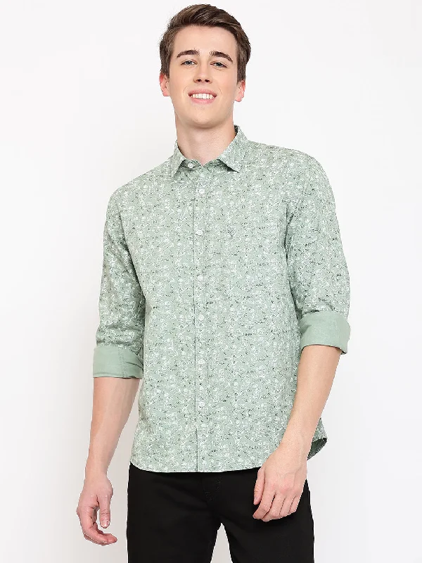 men's Oxford shirts -Men's Pista Green Casual Floral Print Full Sleeve Shirt