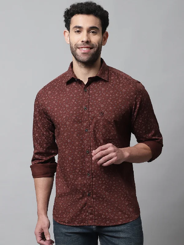 men's daily wear shirts -Men's Burgundy Casual Floral Print Full Sleeve Shirt