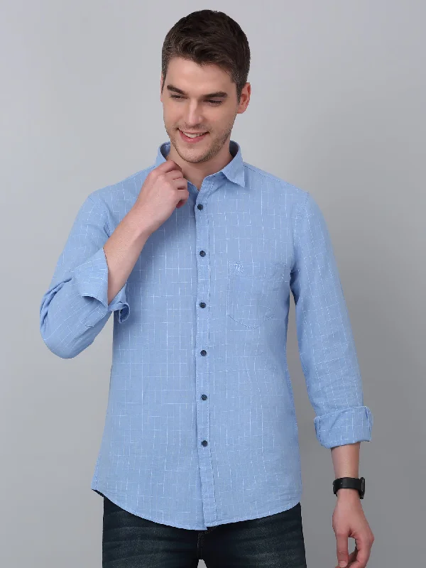 men's performance shirts -Men's Sky Blue Casual Small Checks Full Sleeve Shirt