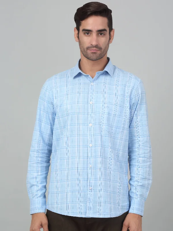 men's custom-fit shirts -Men's Sky Blue Casual Medium Checks Full Sleeve Shirt