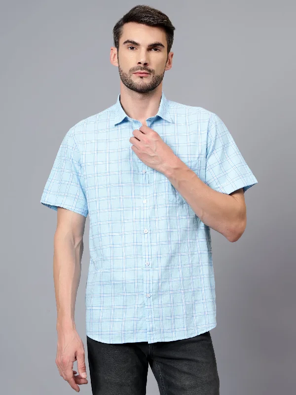 men's stylish shirts -Men's Sky Blue Casual Medium Checks Half sleeve Shirt