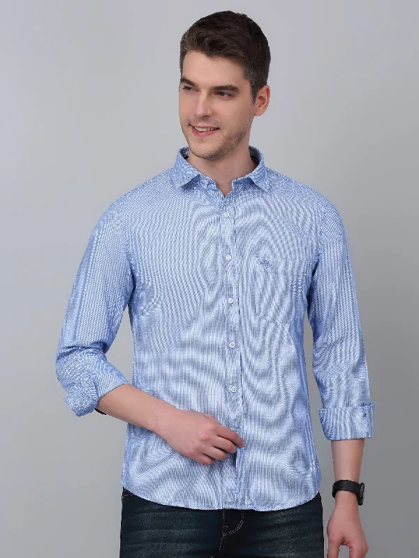 men's luxurious button-up shirts -Men's Sky Blue Casual Self Textured Full Sleeve Shirt