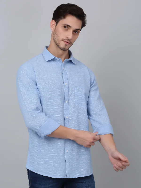 men's fashion-forward shirts -Men's Blue Casual Plain Full Sleeve Shirt