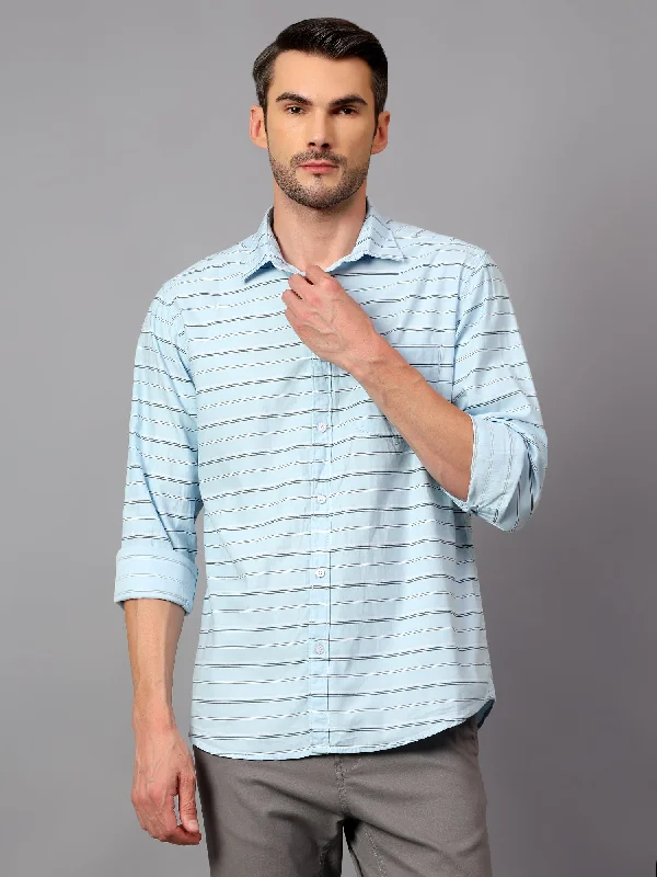 men's custom-tailored shirts -Men's Sky Blue Casual Horizontal Stripe Print Full Sleeve Shirt