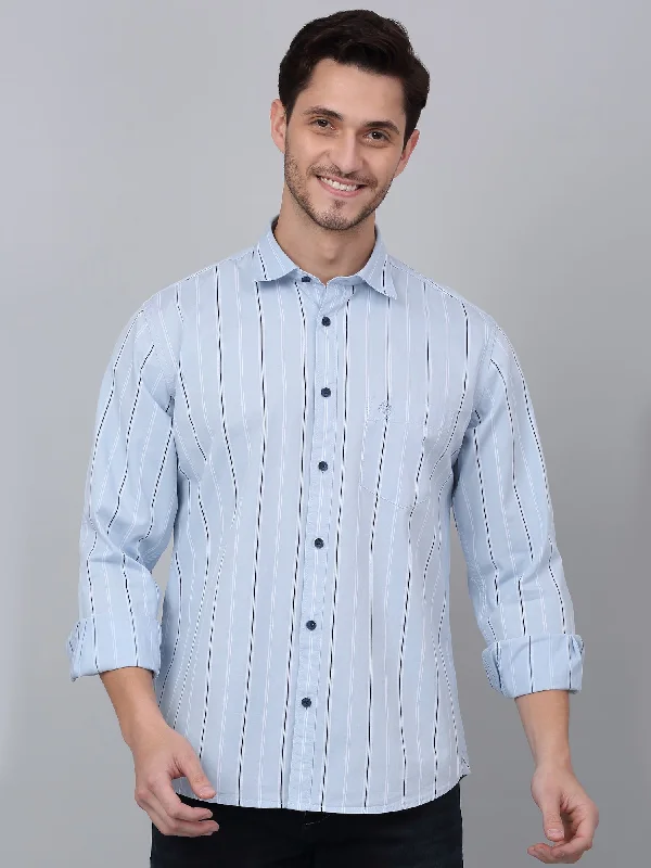 men's dress shirts -Men's Sky Blue Casual Broad Stripe Full Sleeve Shirt