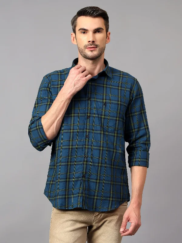 men's formal dress shirts -Men's Teal Blue Casual Big Checks Full Sleeve Shirt