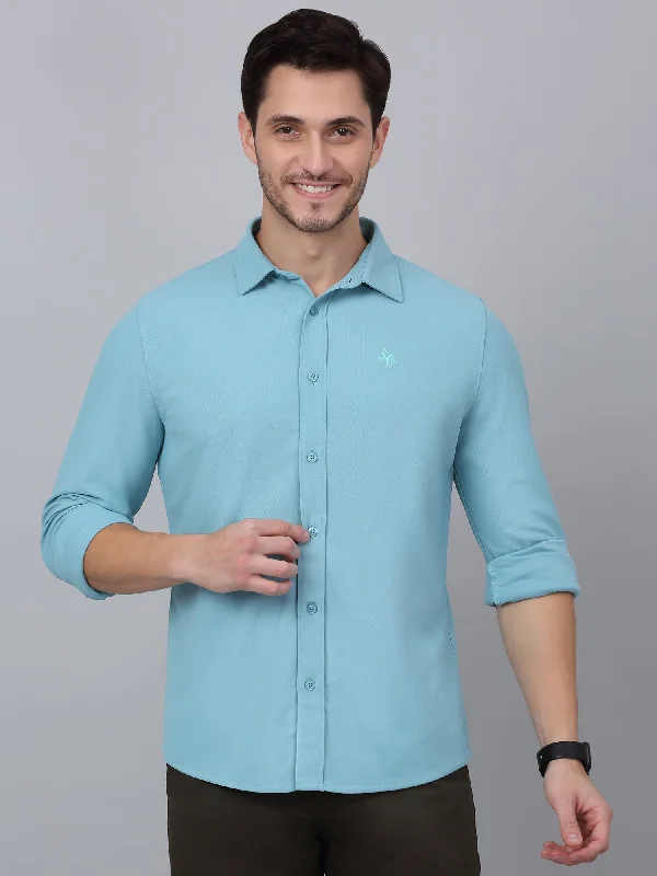 men's checkered formal shirts -Men's Teal Blue Casual Plain Full Sleeve Shirt