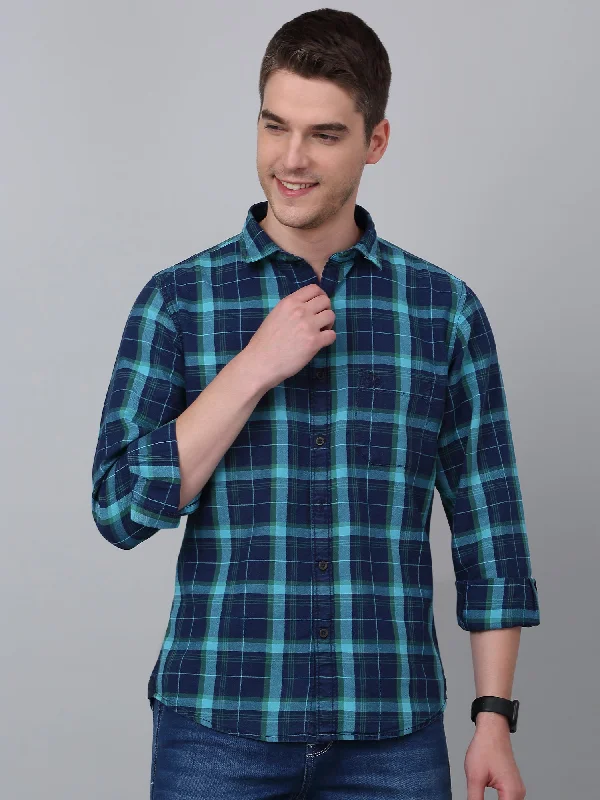 men's button-up shirts with patterns -Men's Turquoise Casual Big Checks Full Sleeve Shirt