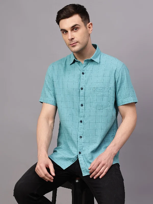 men's short-sleeve business shirts -Men's Turquoise Casual Small Checks Half sleeve Shirt