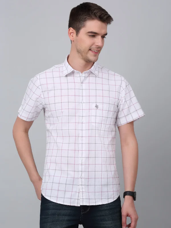 men's modern fit shirts -Men's White Casual Medium Checks Half sleeve Shirt