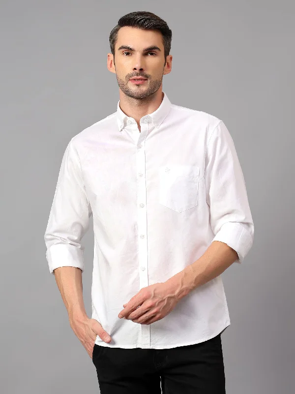 men's elegant dress shirts -Men's White Casual Self Textured Full Sleeve Shirt