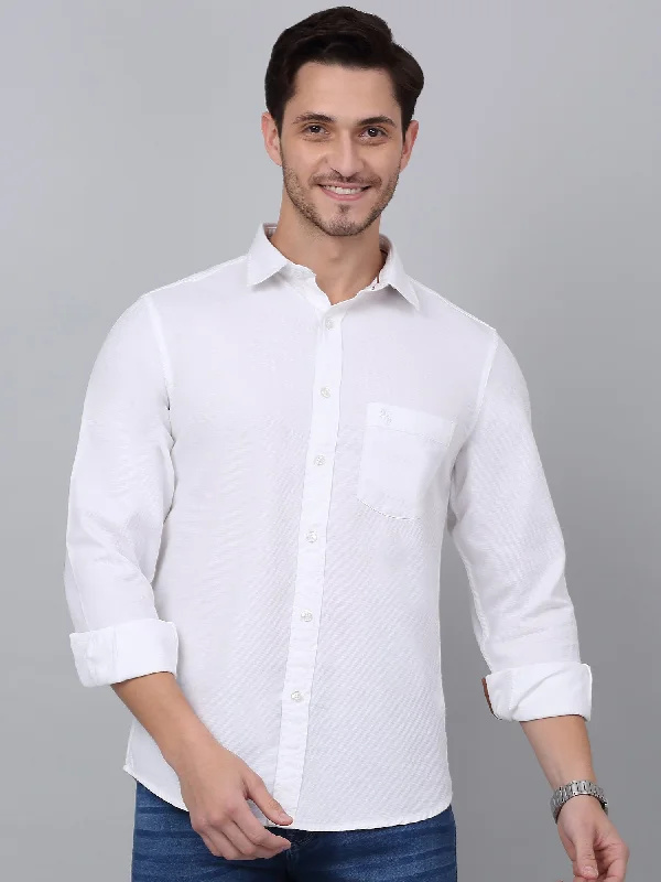 men's Oxford shirts -Men's White Casual Self Textured Full Sleeve Shirt