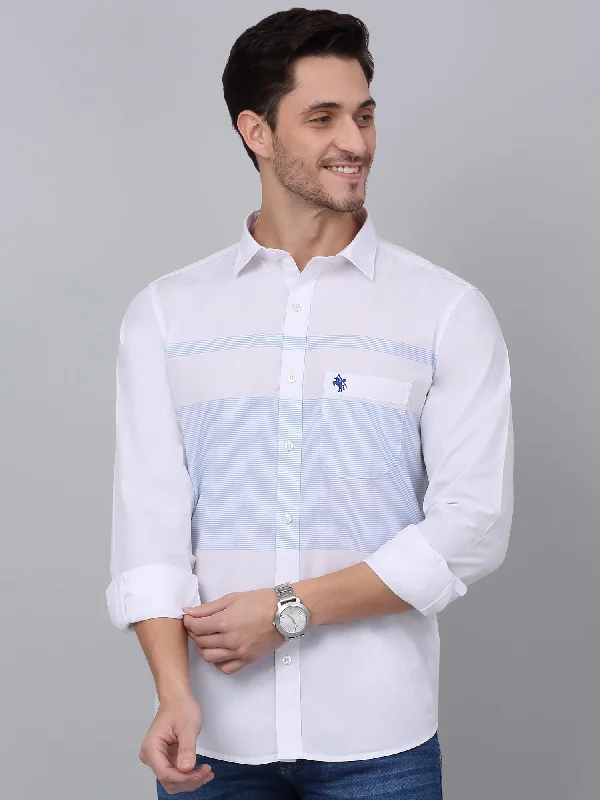 men's solid color shirts -Men's Sky Blue Casual Horizontal Placement Stripe Full Sleeve Shirt