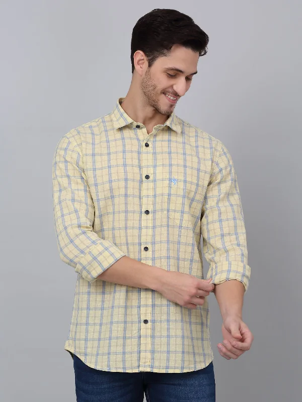 men's basic button-up shirts -Men's Yellow Casual Medium Checks Full Sleeve Shirt