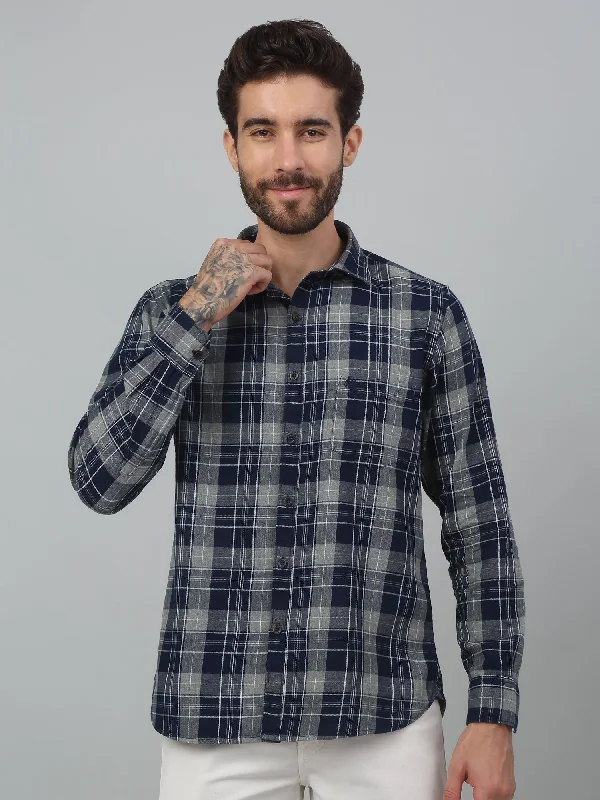 men's dress shirts for work -Men's Navy Blue Casual Big Checks Full Sleeve Shirt