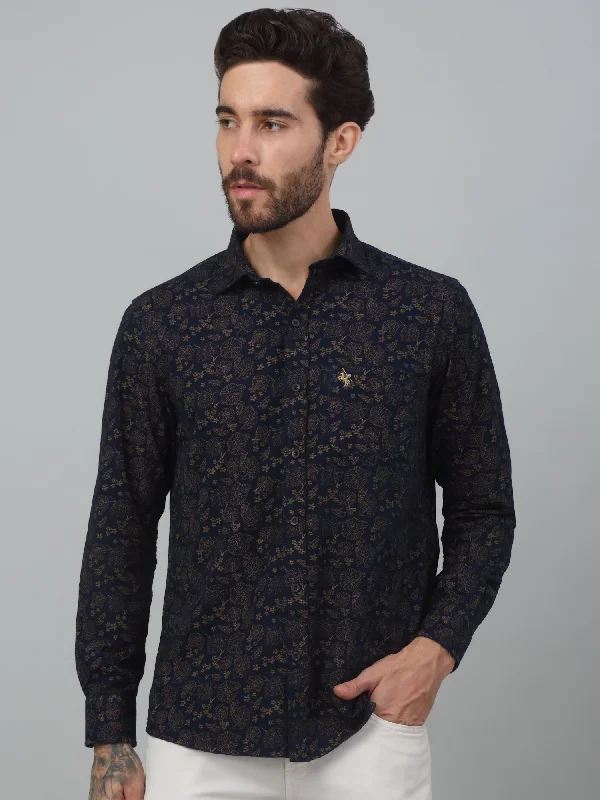 men's stylish shirts -Men's Navy Blue Casual Floral Print Full Sleeve Shirt