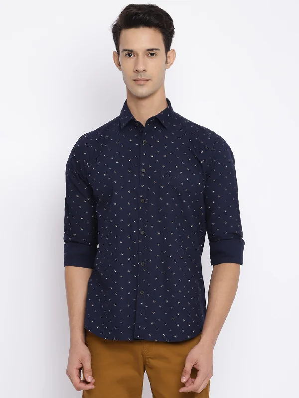 men's checkered shirts -Men's Navy Blue Casual Ditsy Print Full Sleeve Shirt