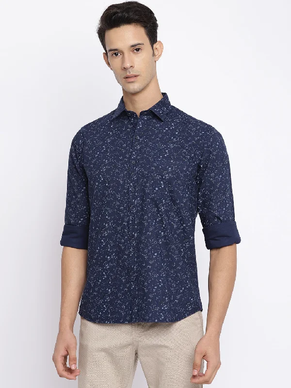 men's smart casual shirts -Men's Navy Blue Casual Floral Print Full Sleeve Shirt