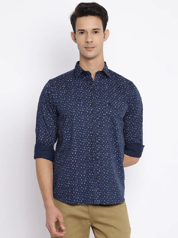 men's short-sleeve shirts -Men's Navy Blue Casual Floral Print Full Sleeve Shirt